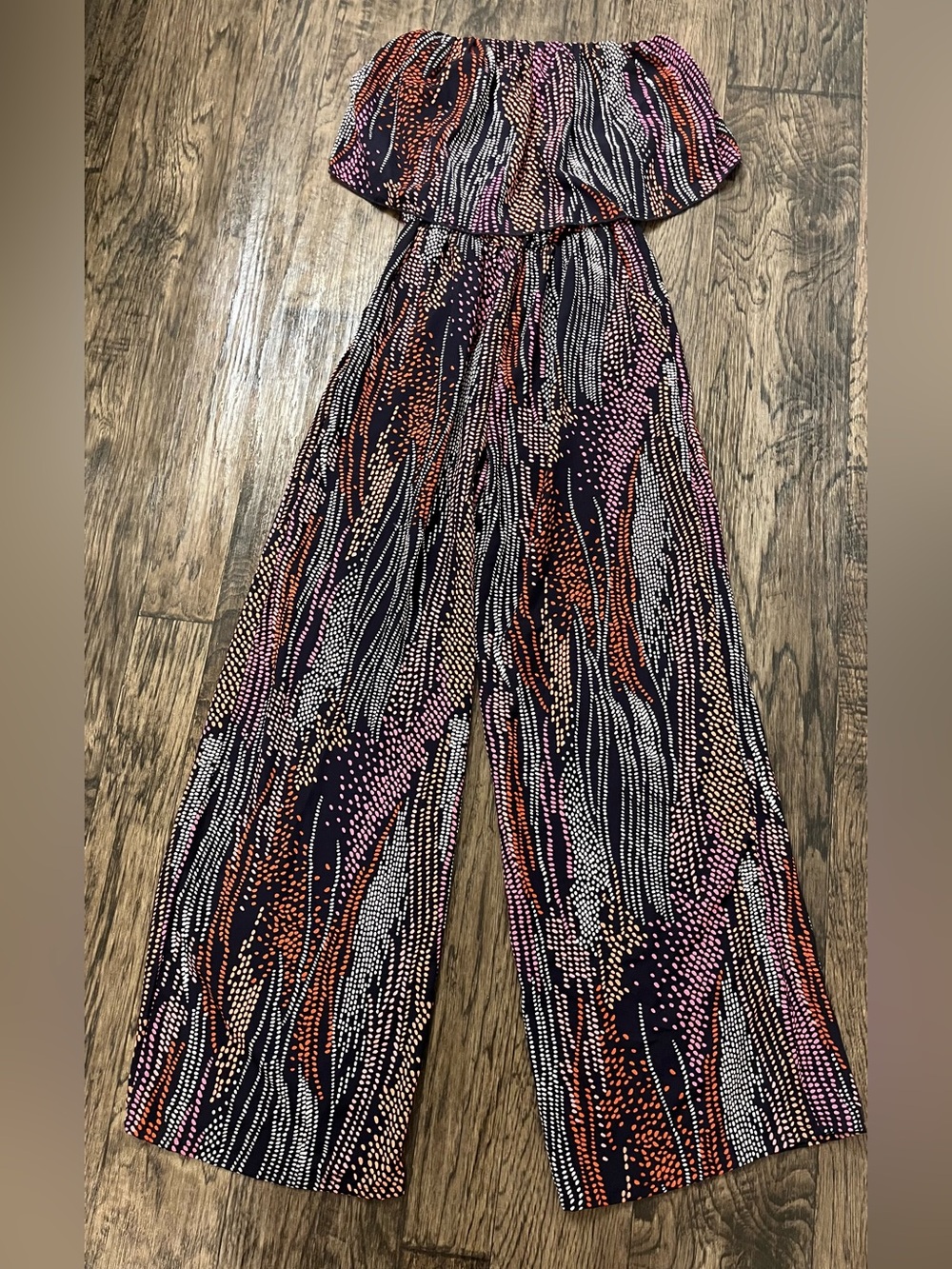Off-Shoulder Wide-Leg Printed Jumpsuit in Black with Pink & Orange Dot Waves